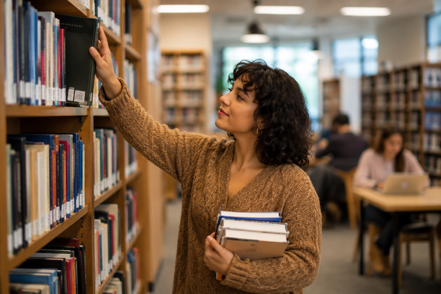Library team member browsing book stacks while students study in the background